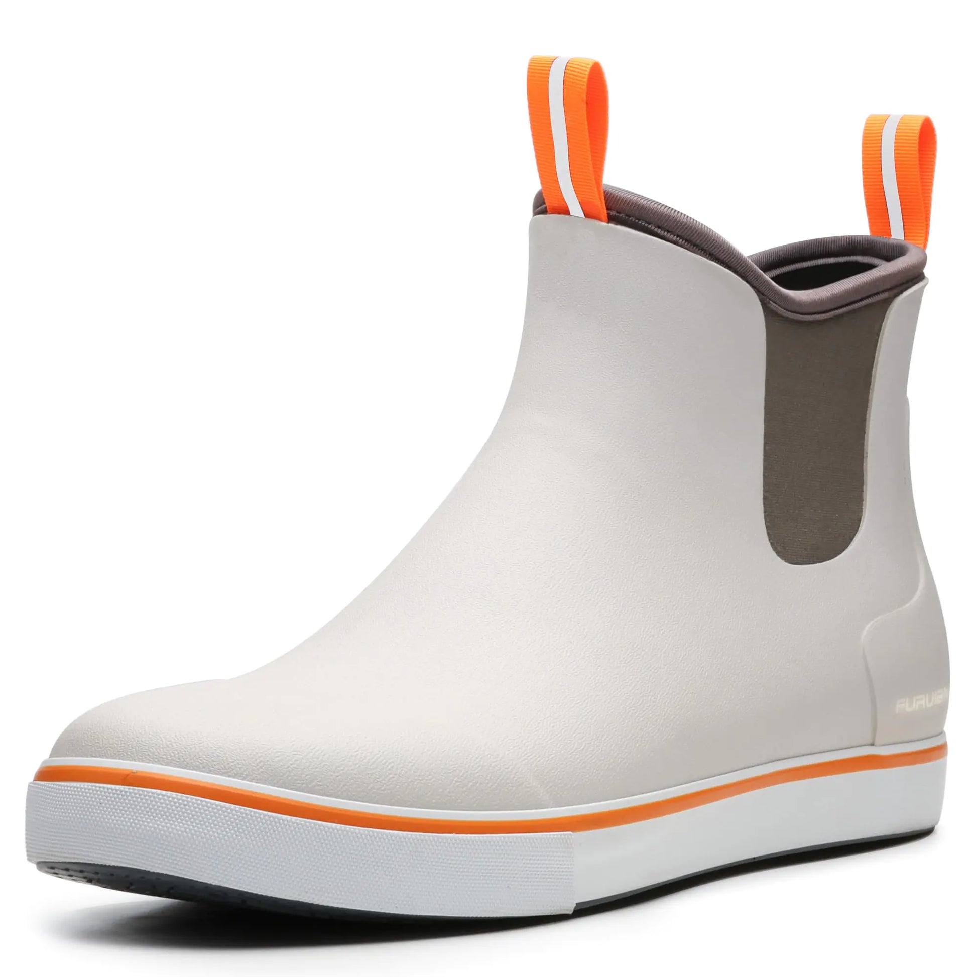 White rain boot with orange accents on a white background
