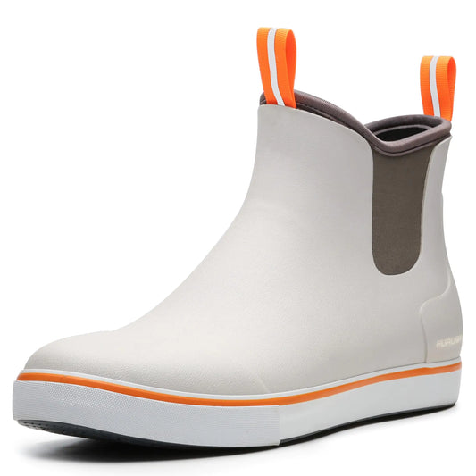 White rain boot with orange accents on a white background