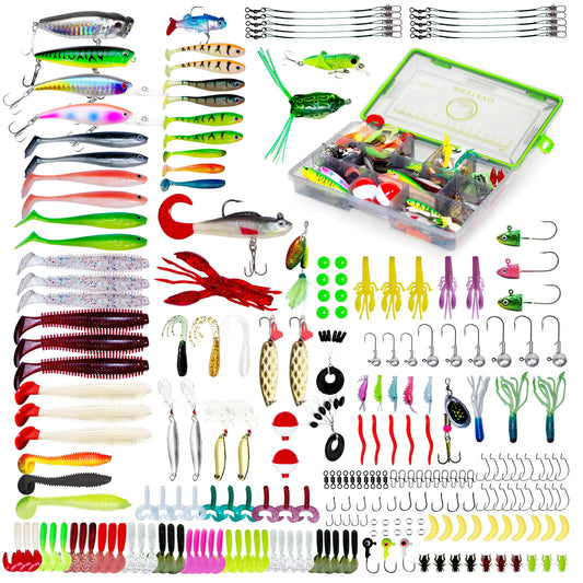 Assorted fishing lures and tackle set with a clear box on a white background