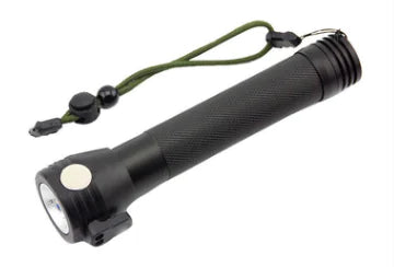 Black flashlight with a green lanyard on a white background
