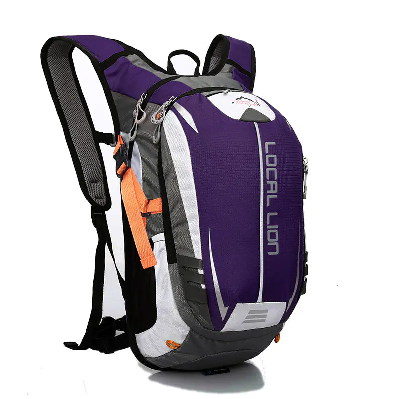 Purple and gray backpack with orange accents on a white background