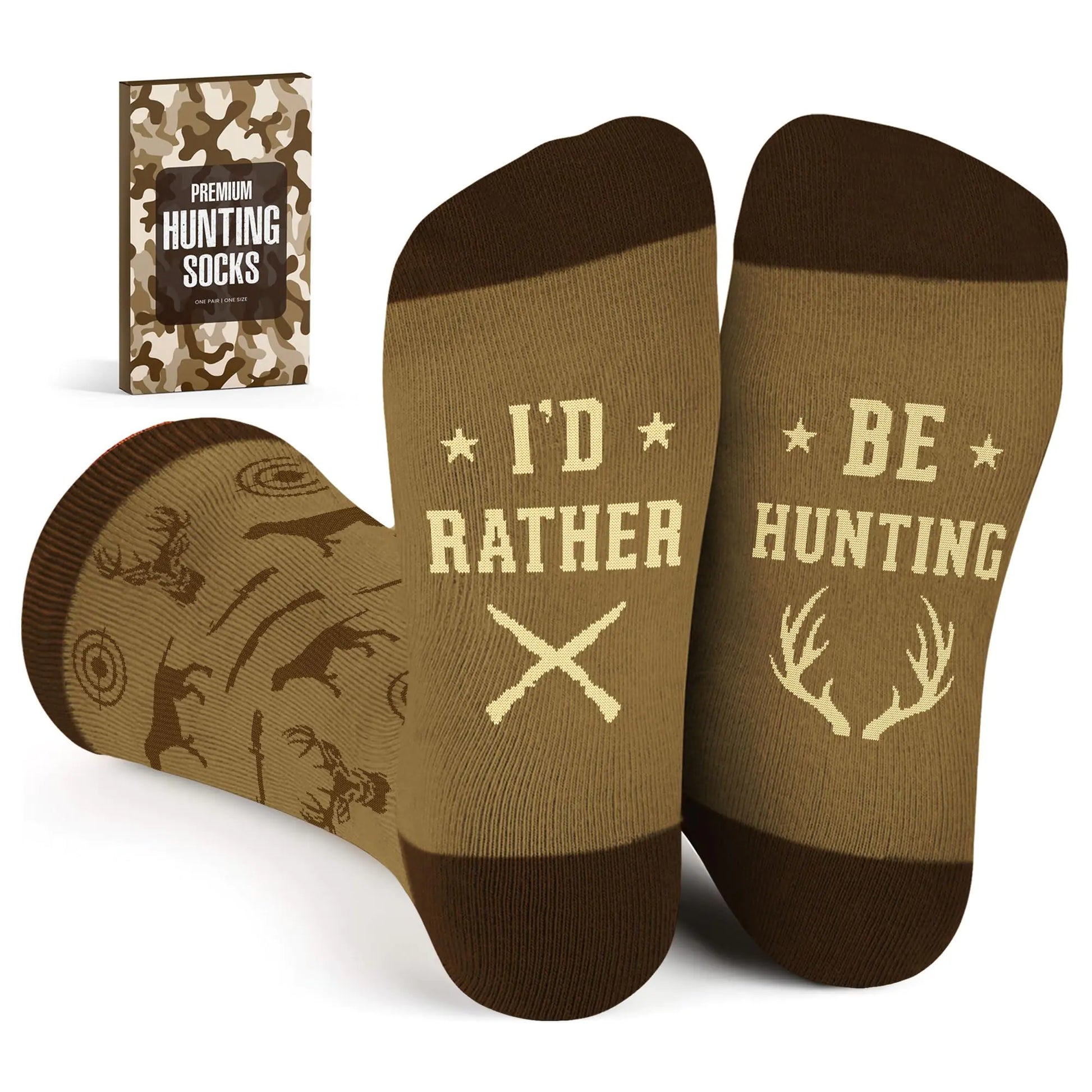 Mens Novelty Socks Huntings Socks Brown and the bottom of one foot says I'd Rather, and the mate says Be Hunting. all over design of deer, antlers, rifles and dogs, targets