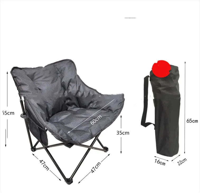 Foldable chair with dimensions and carrying bag on a white background