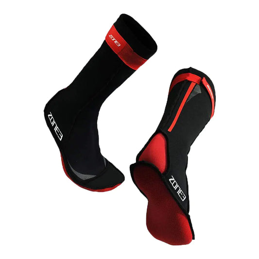 Black and red Zone3 swim socks on a white background
