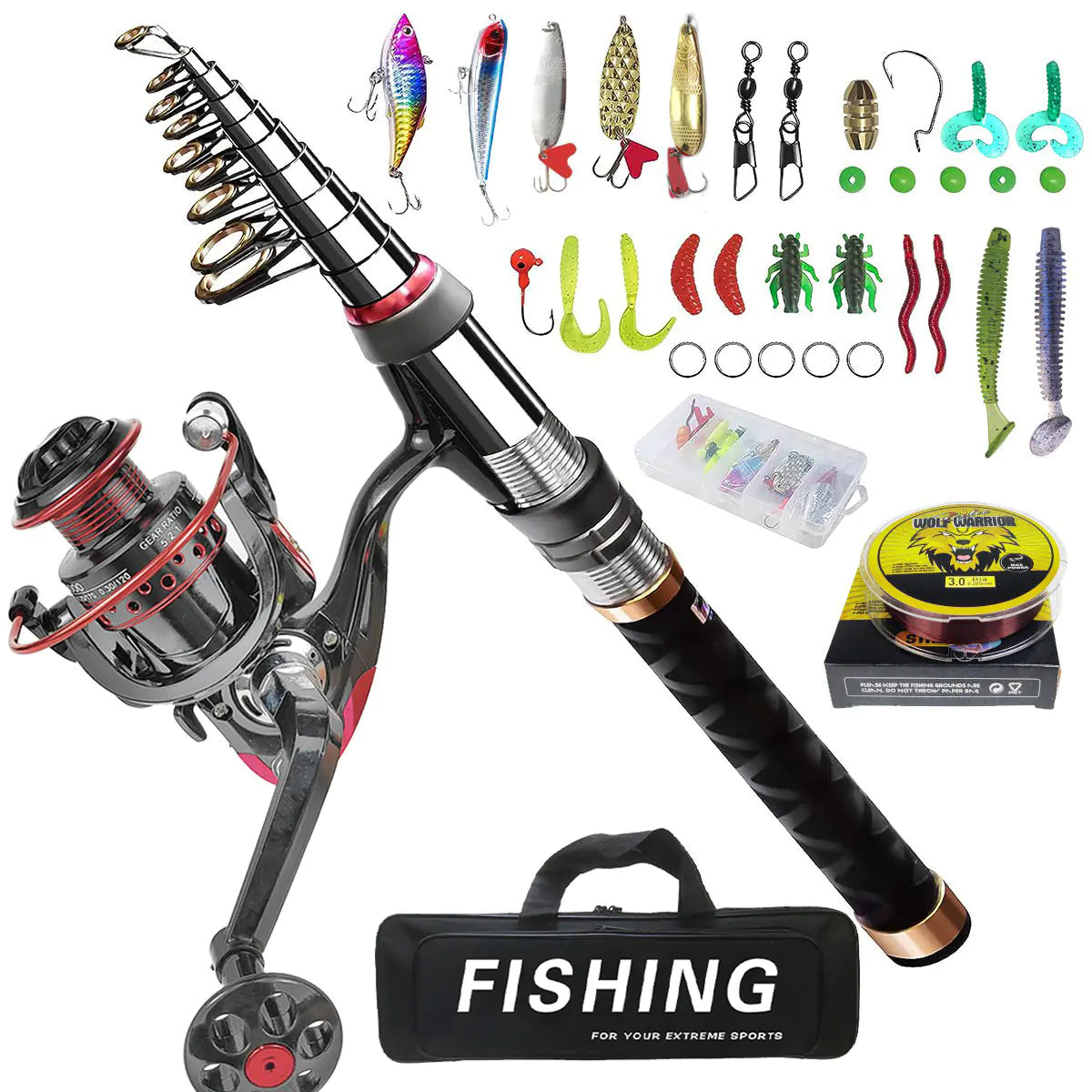 Fishing rod and reel set with various fishing lures and accessories on a white background