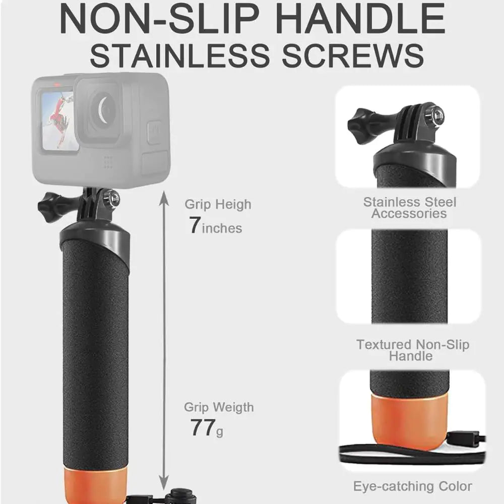 Gopro handle with non-slip handle and stainless screws on a white background