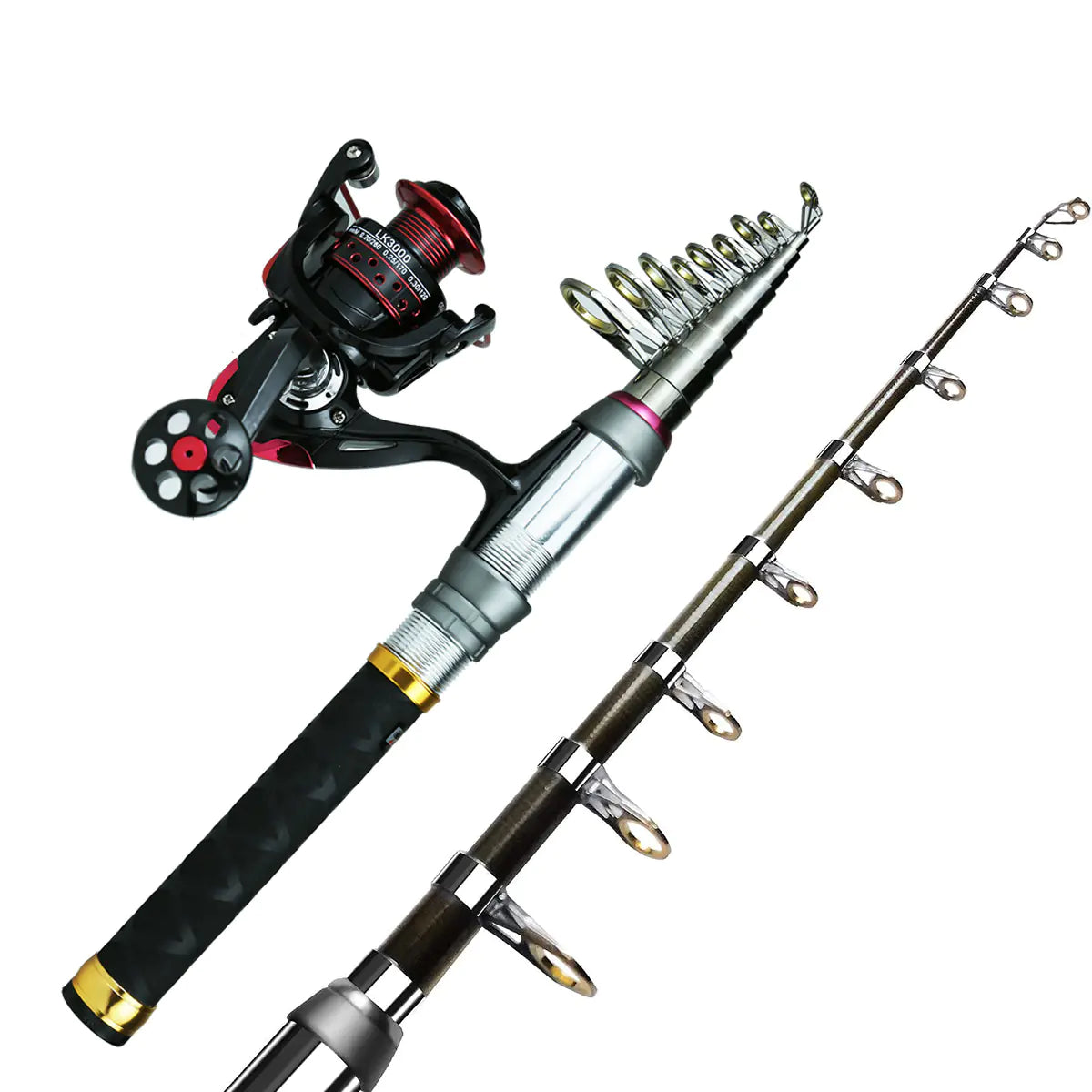 Fishing rod and reel set on a white background