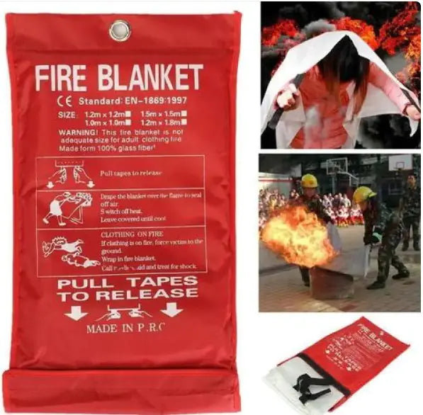 Red fire blanket with packaging and usage instructions, shown in use scenarios.