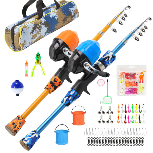 Kid Fishing Telescopic Rod n Reel Combo with Tackle Box Bucket and Net