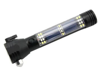Black hammer flashlight with visible LED lights on a white background