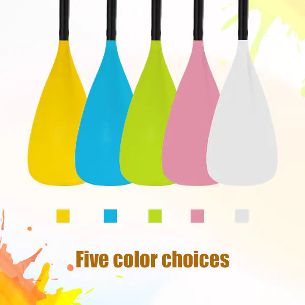 Five colorful paddle blades with black handles on a white background.
