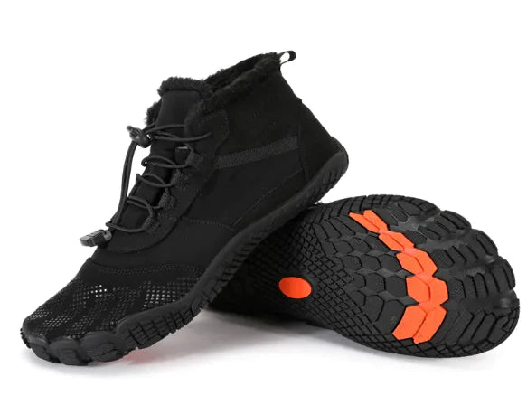 Black waterproof hiking shoes with orange sole design on a white background