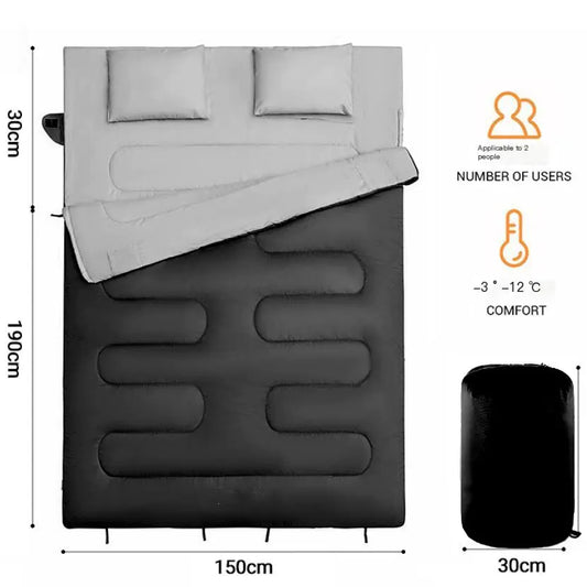 Double sleeping bag with dimensions and user information on a white background