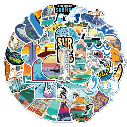 Collection of colorful surf-themed stickers on a white background