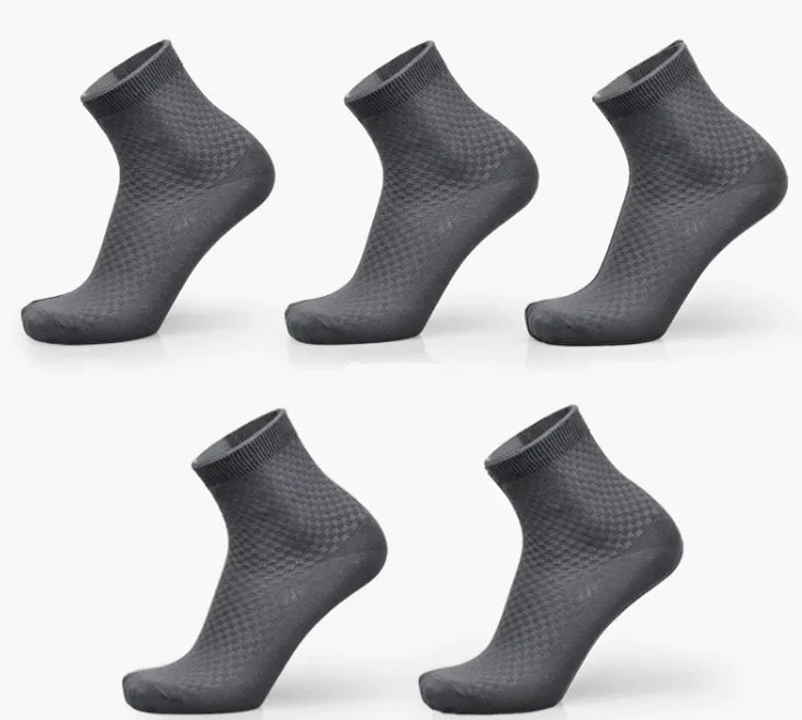 Set of six gray Bamboo socks arranged in two rows on a white background