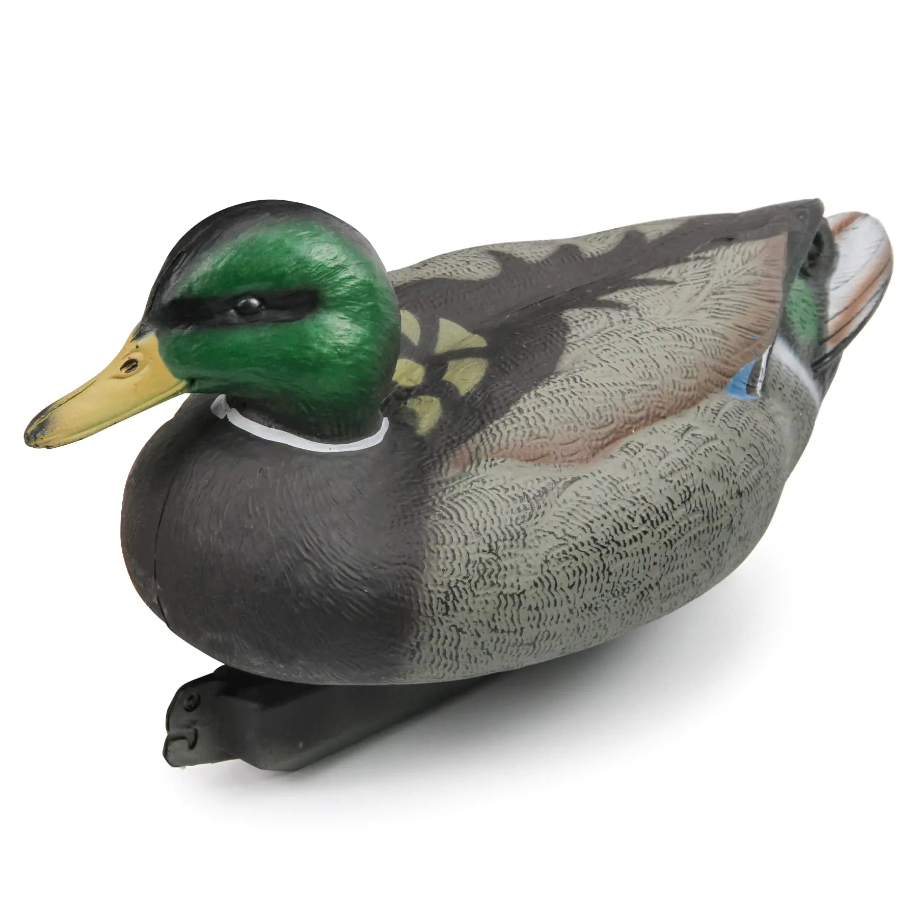 Duck decoy with green head and gray body on a white background