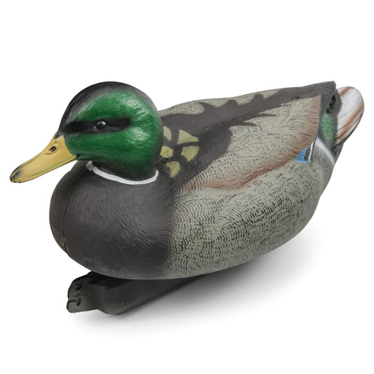 Duck decoy with green head and gray body on a white background