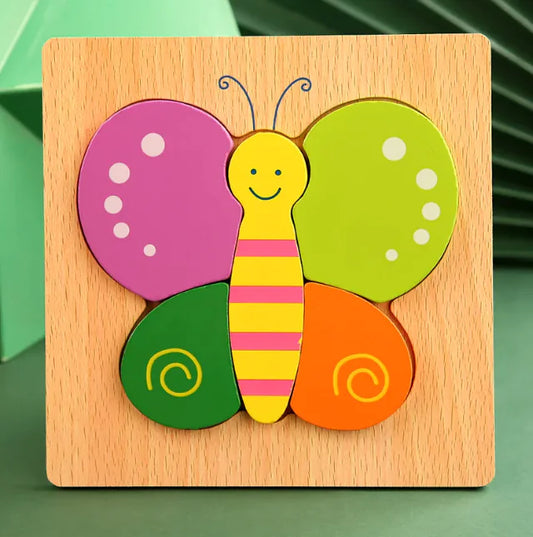 Colorful butterfly-shaped wooden puzzle on a wooden base