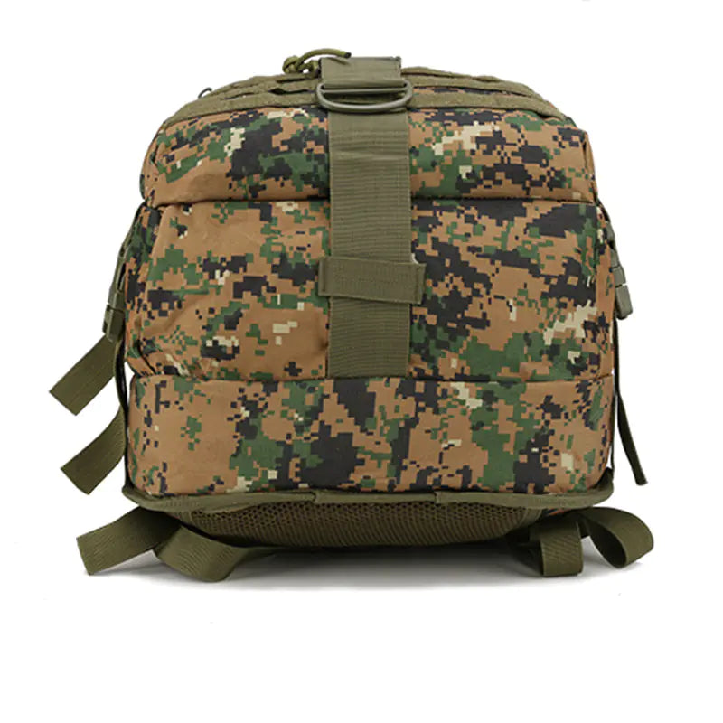 Camouflage backpack with green straps on a white background