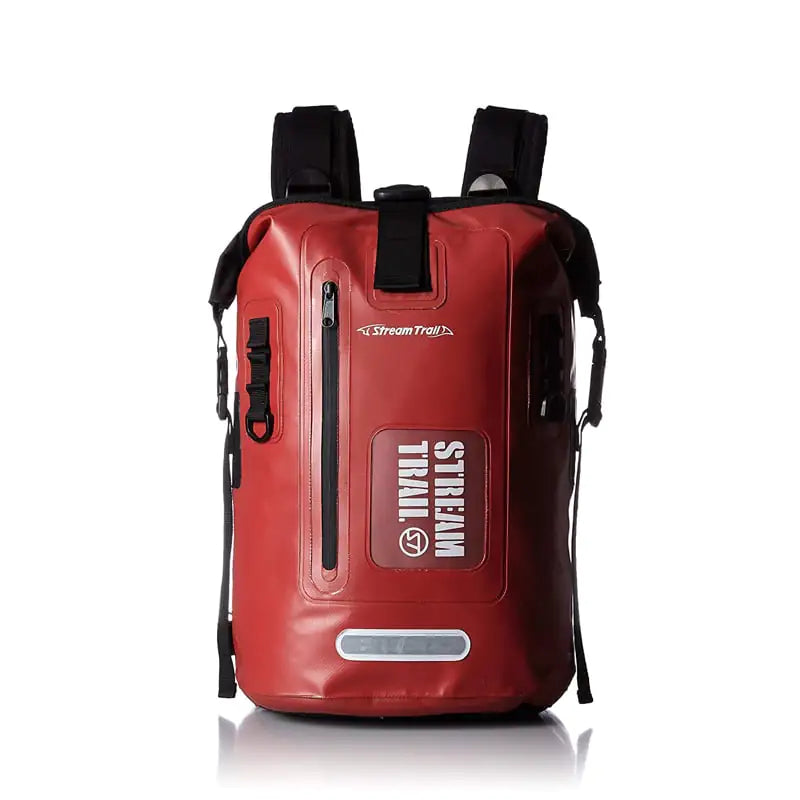 Red waterproof diving backpack with visible branding on a white background