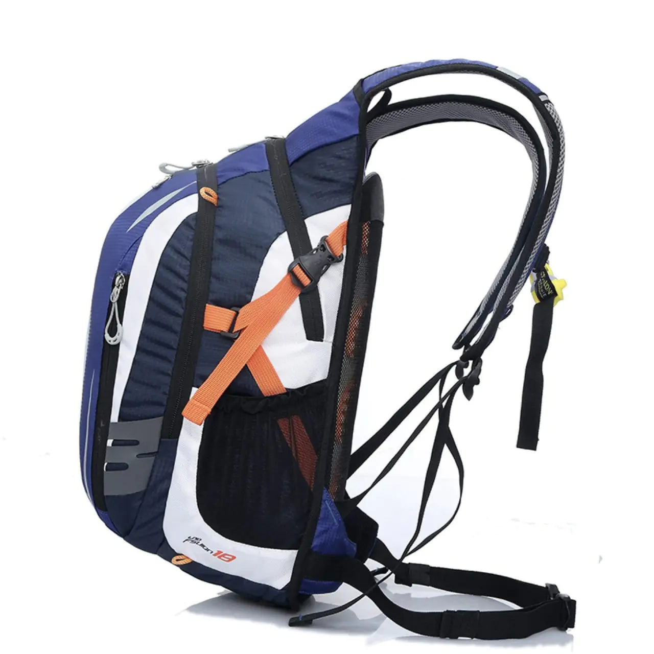 Multicolored backpack with orange accents on a white background