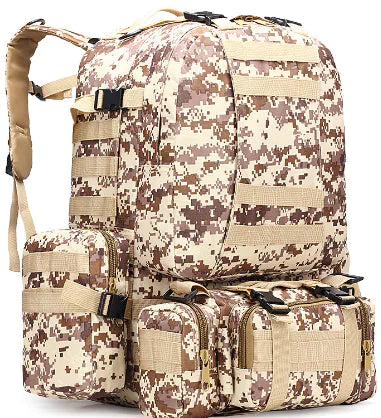 Camouflage backpack with multiple compartments on a white background