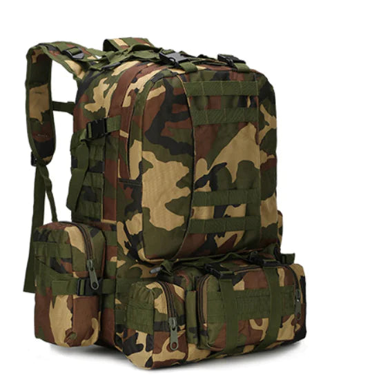 Camouflage backpack with multiple pouches on a white background