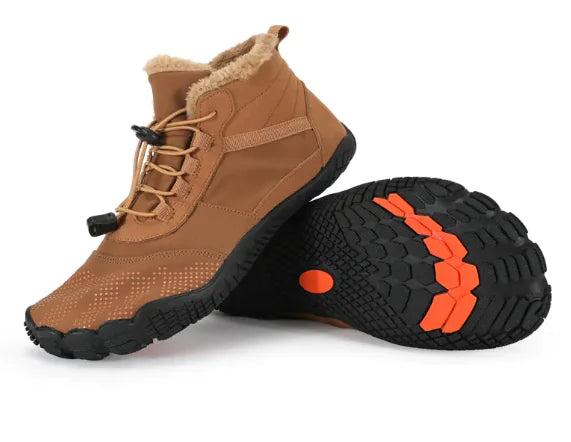 Brown waterproof hiking shoes with orange sole design on a white background