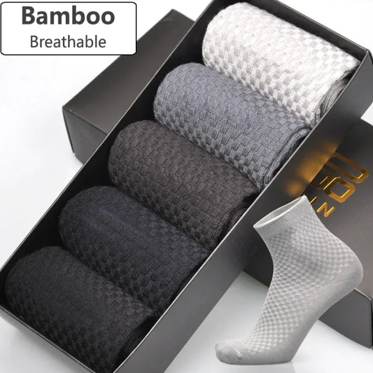 Set of bamboo socks in a box with text indicating breathability.