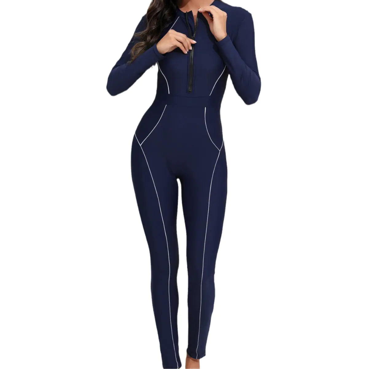Navy blue wetsuit with white accents on a white background