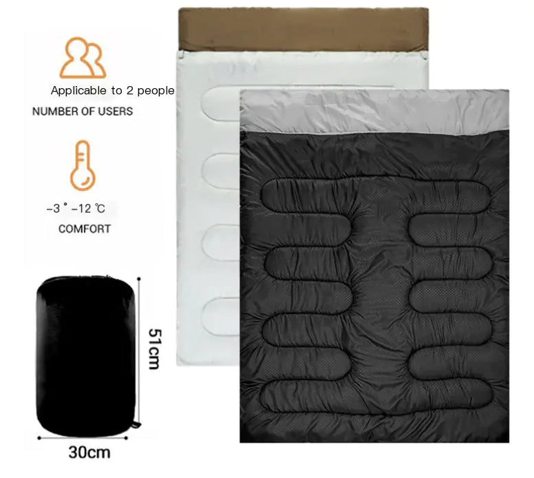 Black double sleeping bag with measurements and user information on a white background