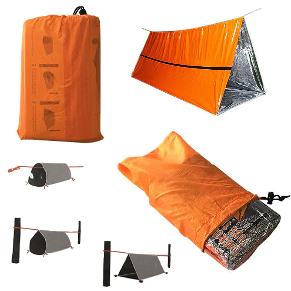Orange emergency shelter with visual setup instructions and displays the carring bag and included emergency sleeping bag