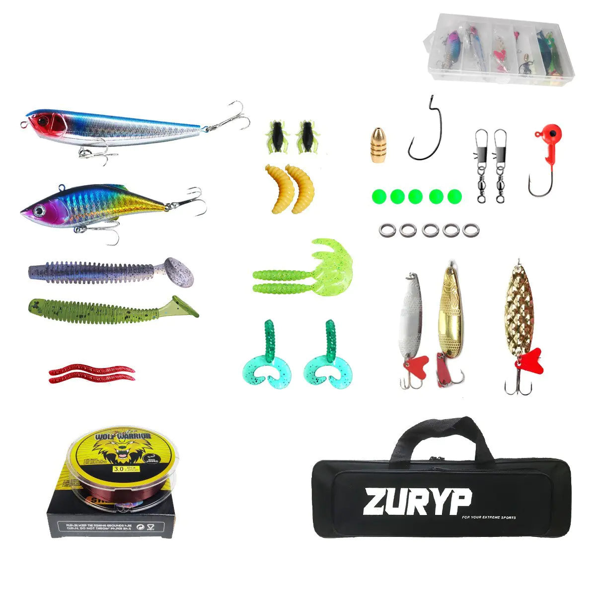Collection of fishing lures, accessories, and a ZURYP tackle box on a white background