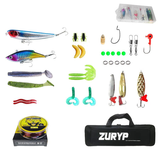 Collection of fishing lures, accessories, and a ZURYP tackle box on a white background