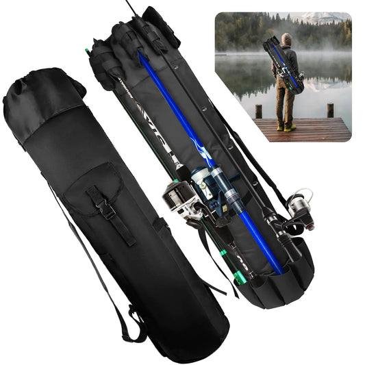 Fishing rod and reel set in a black carrying case with an inset photo of a person fishing.