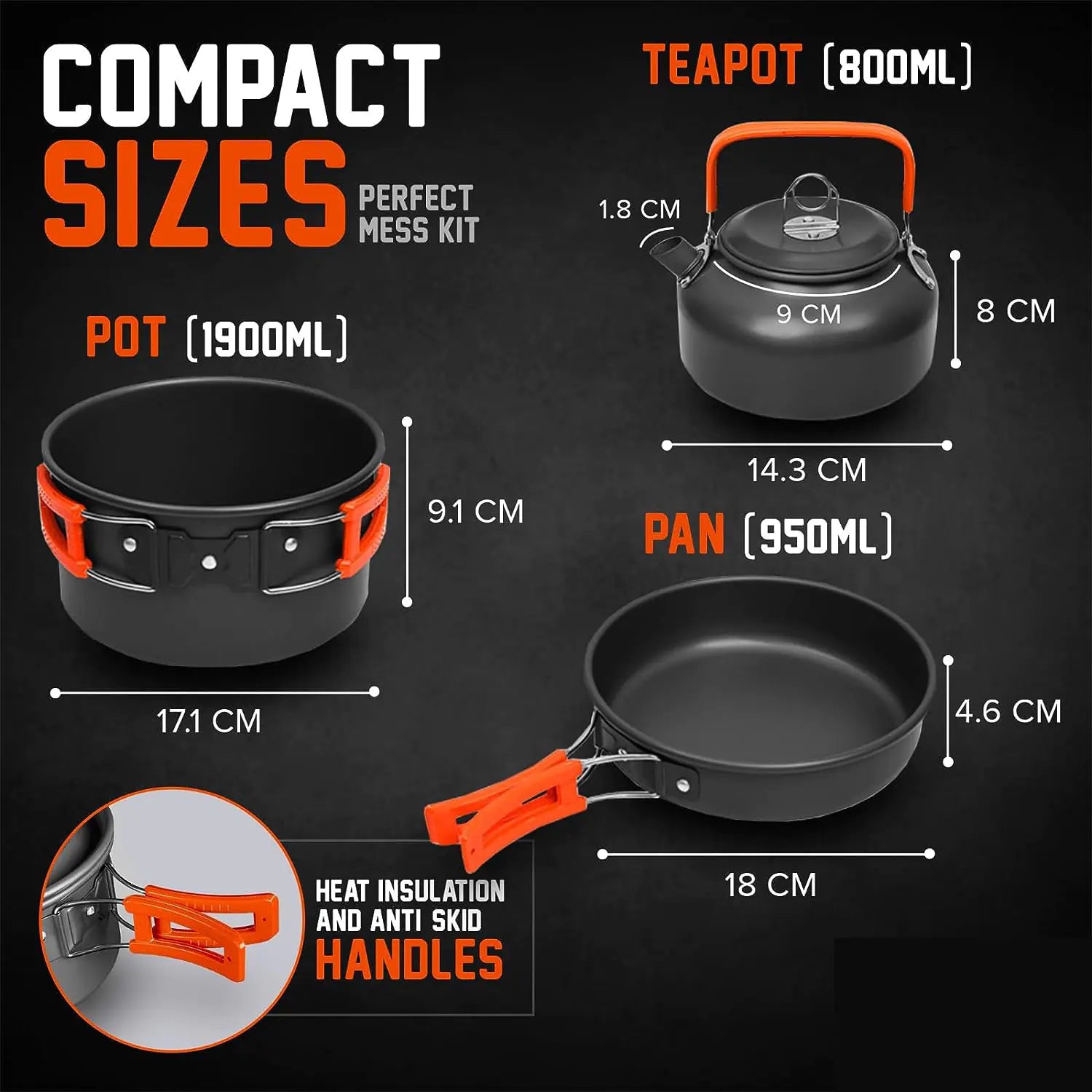 Compact camping cookware set with measurements and features on a dark background