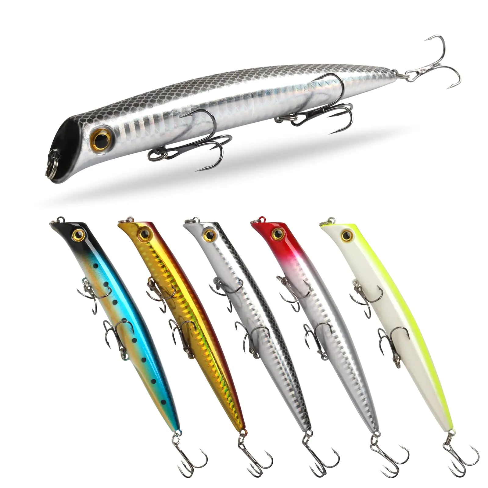 Set of 5 colorful fishing lures with sharp treble hooks