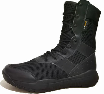 Black tactical boot on a white background