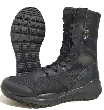 Black tactical boots with a focus on sole texture and brand label.