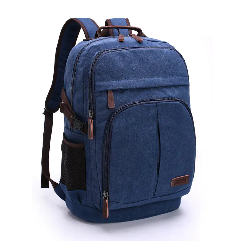 Blue backpack with brown accents on a white background