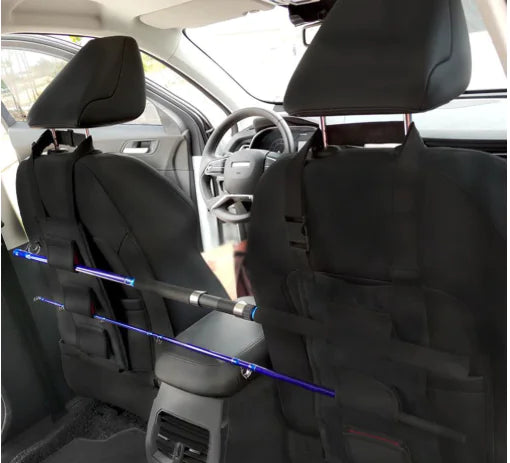 Car interior with a fishing rod holder attached to the back of a car seat