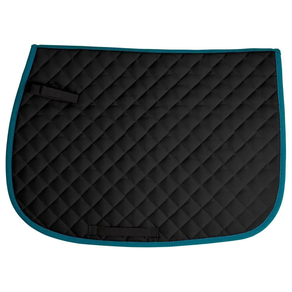 Black quilted saddle pad with teal border on a white background