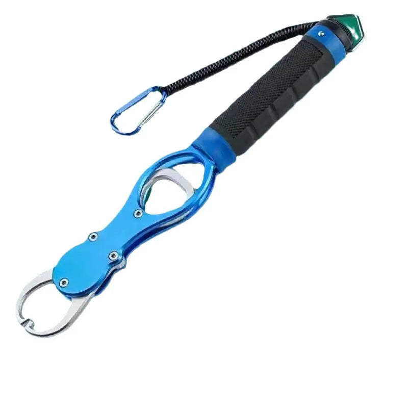 Blue and black fishing leash retractor on a white background
