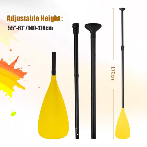 Yellow child's paddleboard paddle with adjustable black shaft on a colorful background