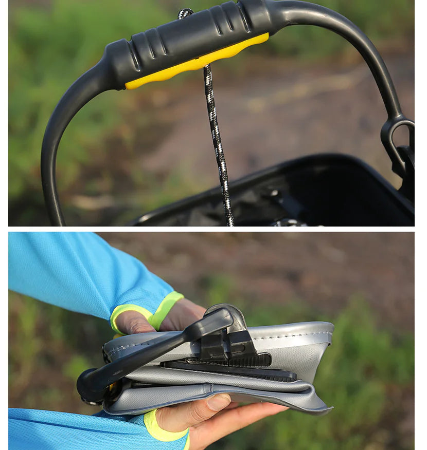 Close-up of a black and yellow collapsible fishing water bucket and handle,followed by a person holding the collapsed bucket in their hands.