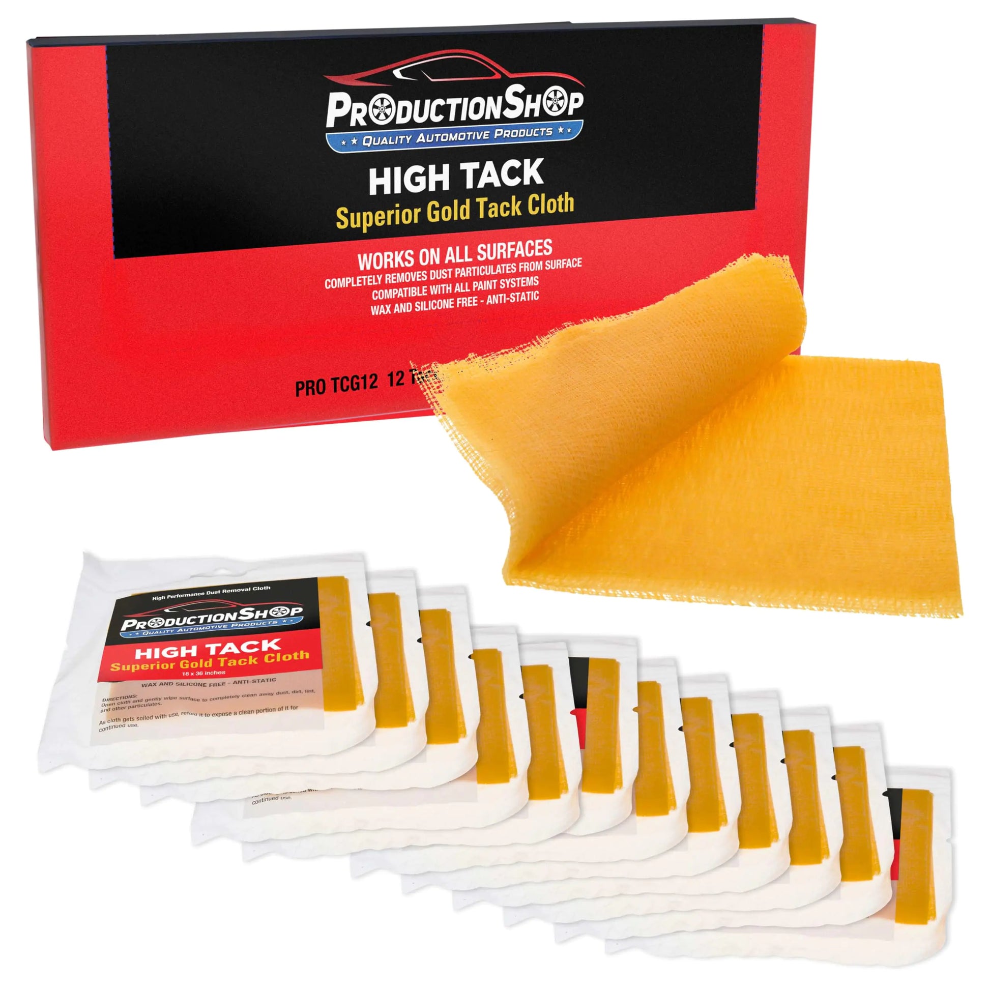 Production Shop High Tack Superior Gold Tack Cloth with packaging on a white background