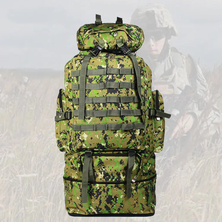 Camouflage backpack with a person wearing a helmet in the background