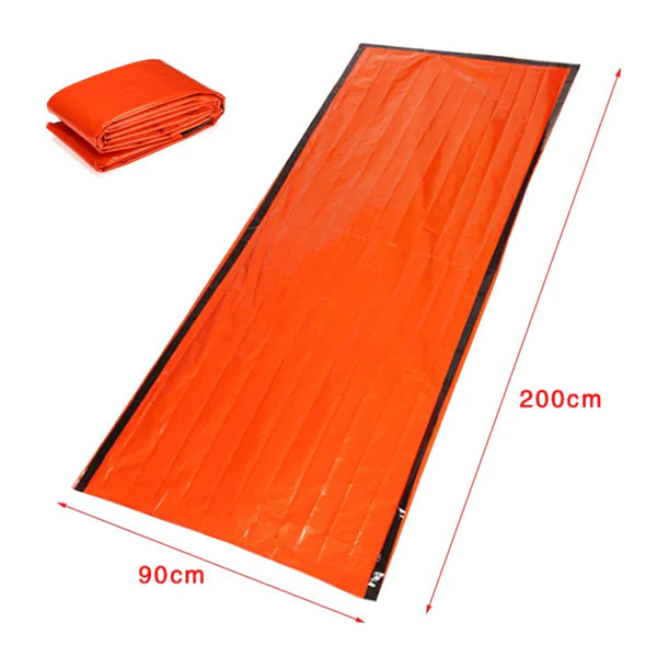 Orange emergency camping tent flattern out with dimensions on a white background