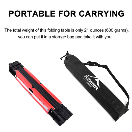 Folding table with carrying bag on a white background, highlighting portability.