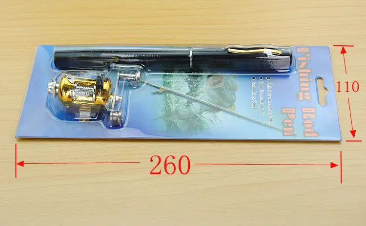 Fishing rod pen with packaging on a wooden surface, showing measurements.